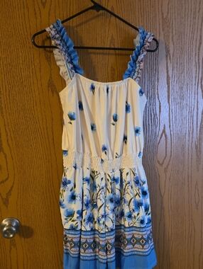 white birch White Romper with Blue Watercolor Floral Ptp 19, Waist 15 To 20 Ins4